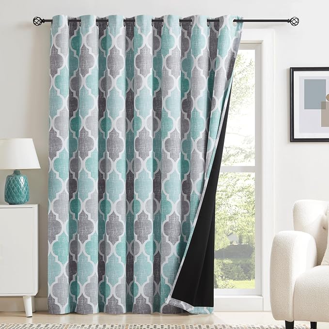 Beauoop Moroccan 100% Blackout Sliding Door Curtains Aqua Grey 100x84 1 Set | Geometric Room Darkening Patio Curtains Extra Wide Room Divider Drapes Thermal Soundproof Lattice Window treatment Grommet