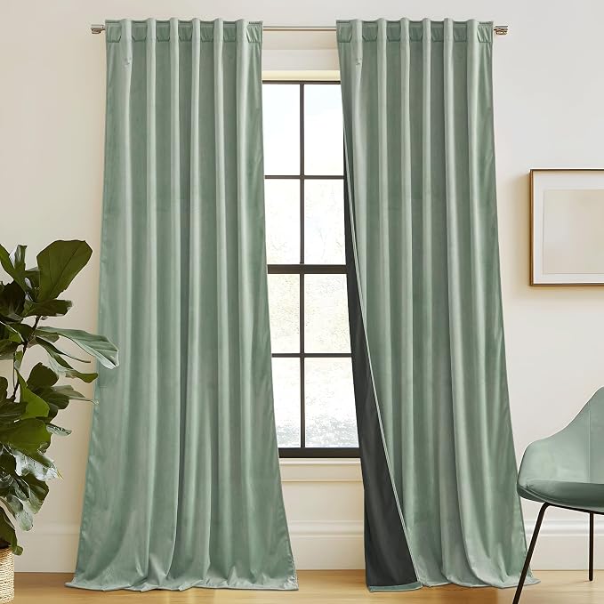 RYB HOME Mint Green Velvet Curtains 102 inches Long, Room Darkening, Floor-Length, Stylish Back Tab Velvet Drapes for Nursery Living Room Office, 52" W x L102 L, Auqa