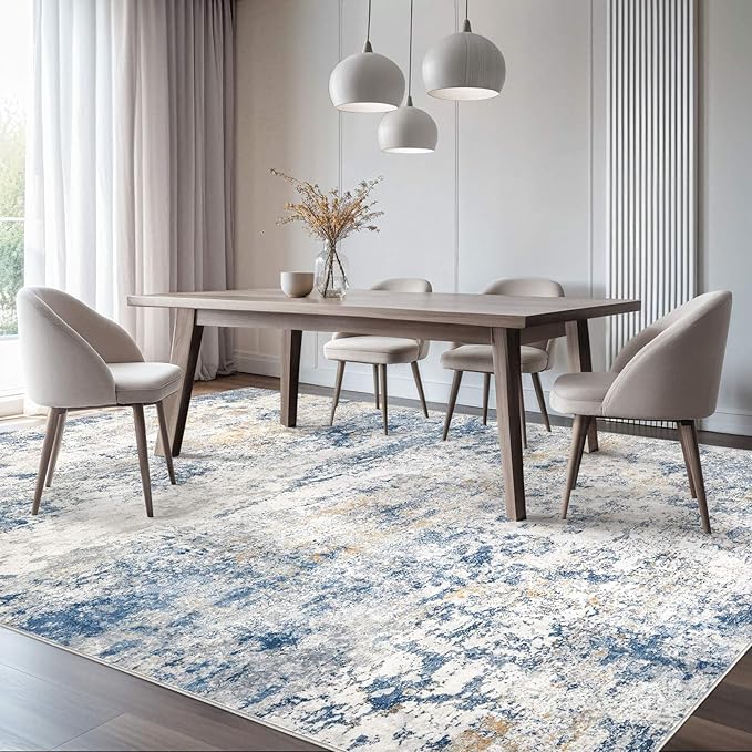 DMOYEST Area Rug Living Room Rugs - 10x12 Abstract Large Soft Indoor Washable Rug Neutral Modern Low Pile Carpet for Bedroom Dining Room Farmhouse Home Office - Blue