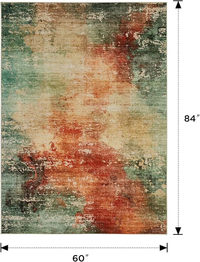 Joydeco 5x7 Area Rugs for Living Room, Non-Slip Modern Abstract Soft Washable Rug, Low Pile Carpet for Bedroom, Dining Room, Home Office, Pet & Child Friendly, Green & Orange & White