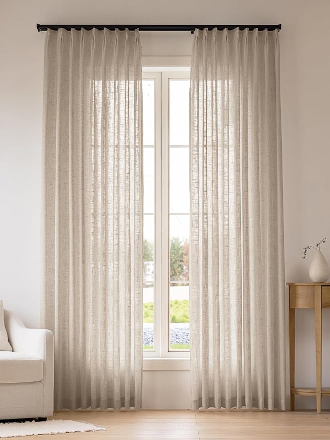 Liz Pinch Pleated Linen Curtains Light Filtering Curtains for Living Room, Farmhouse Window Curtains for Bedroom, Modern Drapes with Hooks and Rings, 90 Inches Long, Burlywood Birch, 2 Panels Set