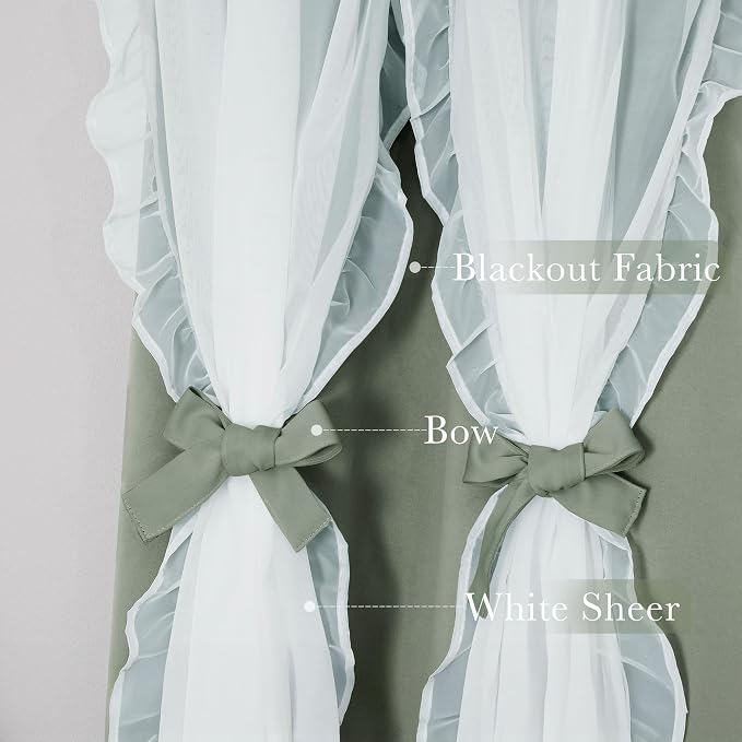 PONY DANCE Blackout Curtains for Whimsical Forest Teen Room, Double Layer Drapes Ruffle Sheer Overlay Farmhouse Rustic Design, W 52 x L 84 Inches, Sage Green, 2 Panels