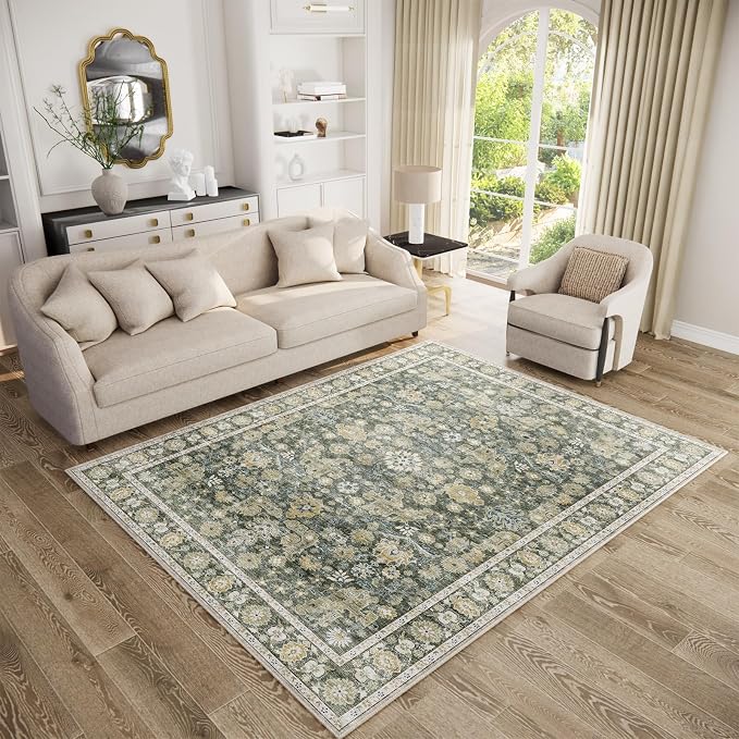 Washable Rugs for Living Room: 5x7 Area Rugs for Bedroom Ultra Soft Non-Slip Stain Resistant Vintage Boho Large Carpet for High-Traffic Dining Room - Farmhouse Decor