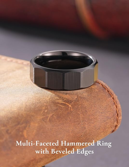 King Will Classic Tungsten Carbide Ring Brushed Two Grooved Center Hammered Design Mens Wedding Band for Men