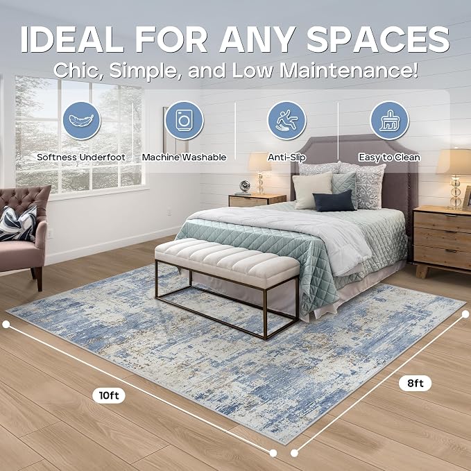 8x10 Area Rugs for Living Room Rug Washable: Modern Large Rug for Dining Room Bedroom Carpet Non Slip 8 by 10 Indoor Abstract Nursery Home Office Blue