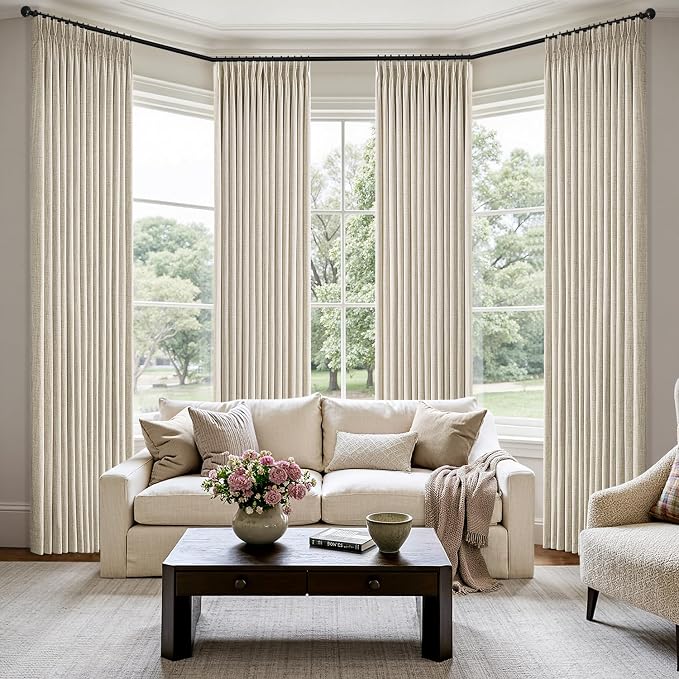 MIULEE Pinch Pleated Thick Linen Curtains 84 Inch 4 Panels Set Back Tab Memory Trained Pinch Pleat Semi Sheer Light Filtering Privacy Curtain Let Light in Window Drapes for Living Room Bedroom Oatmeal | Back Tab, Memory Trained, Pinch Pleat, Semi Sheer...