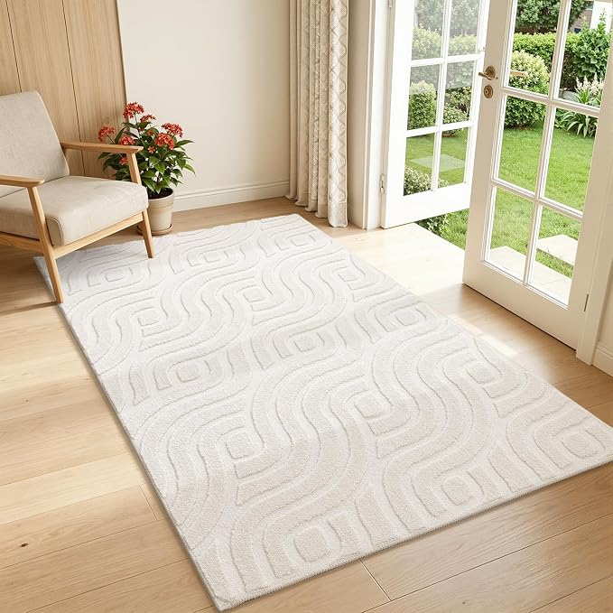 SHACOS 3x5 Soft Area Rugs for Living Room Beige Solid Color Fluffy Rug for Bedroom Non Slip Washable Indoor Mat Floor Carpet for Kids Room Nursery Bathroom, High-Low Pile Boho Modern Rug