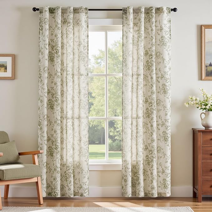 jinchan Green Floral Linen Curtains 84 Inch Farmhouse Back Tab 2 Panels | Light filtering drapes, semi sheer, farmhouse, cottagecore, rustic, living room, bedroom, rod pocket, window treatment