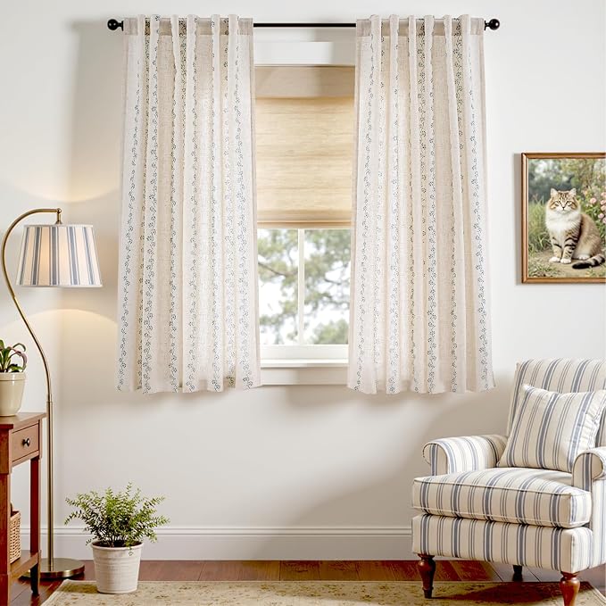 Lazzzy Cathy Linen Floral Curtains 63 inch Length for Kitchen Cute Privacy Curtains for Kids Room Rod Pocket Back Tab Light Filtering Drapes Farmhouse Cottagecore Decor 50"x63" Blue on Linen