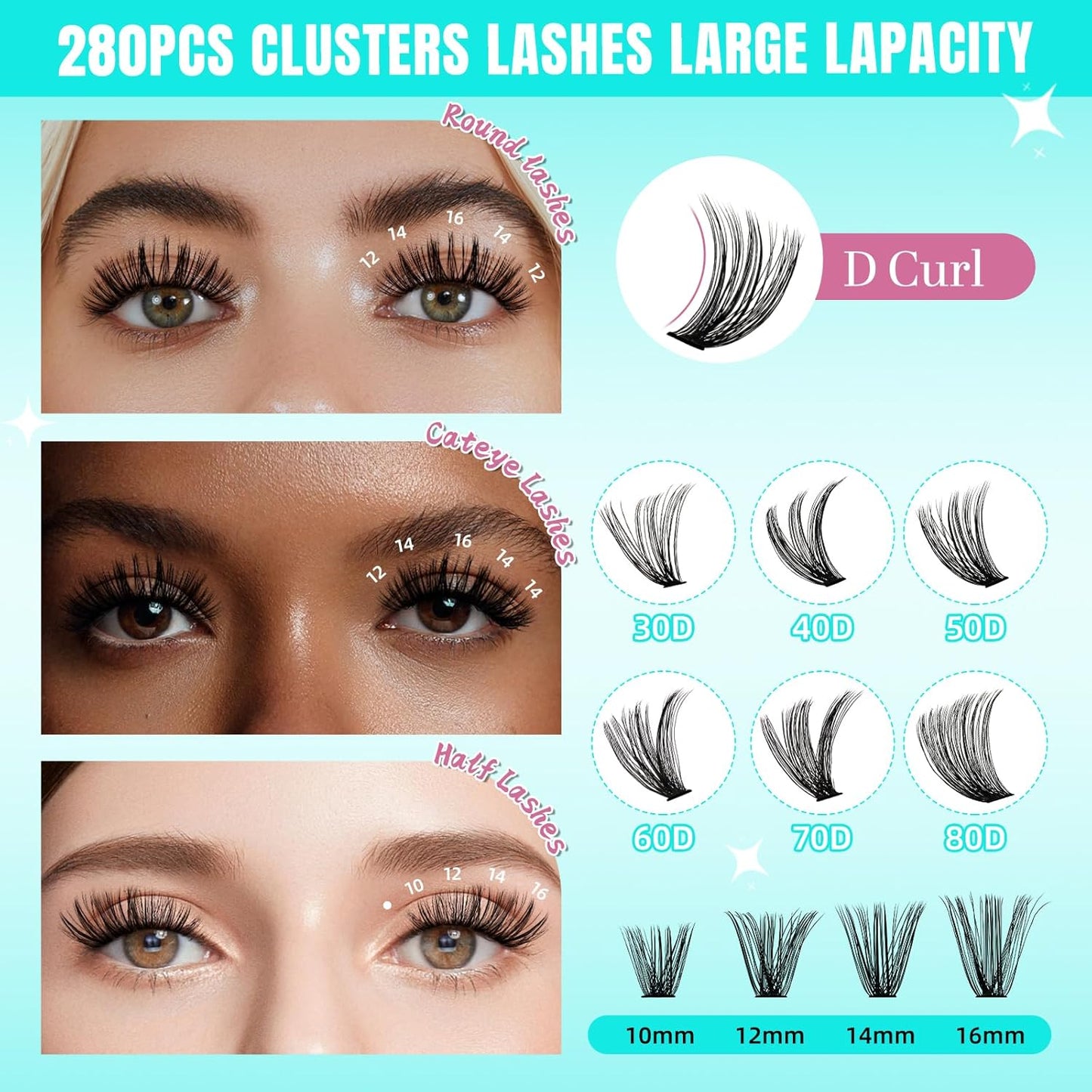 Lash Clusters Wispy 280PCS Eyelash Extension 50D Cluster Lashes Individual Lashes DIY Lash Extension Natural Look Cluster Eyelash Extensions Soft False Eyelashes at Home for Beginners(10mm)