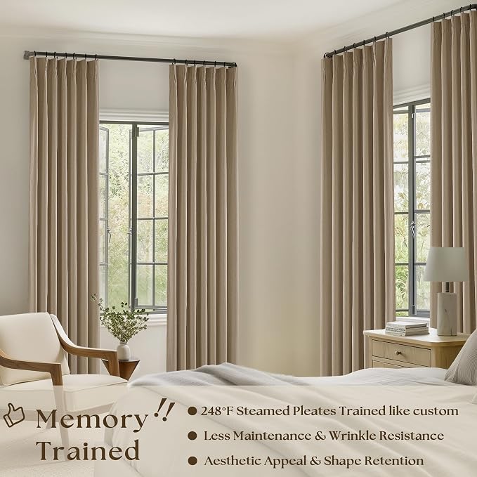 Light Brown Pinch Pleat 100% Blackout Linen Curtains 2 Layers 45 Inch Long | Memory Trained, Thermal Insulated, UV Blocking, Noise Reducing, Room Darkening, Black Out Short Curtains for Kitchen 2 Panels