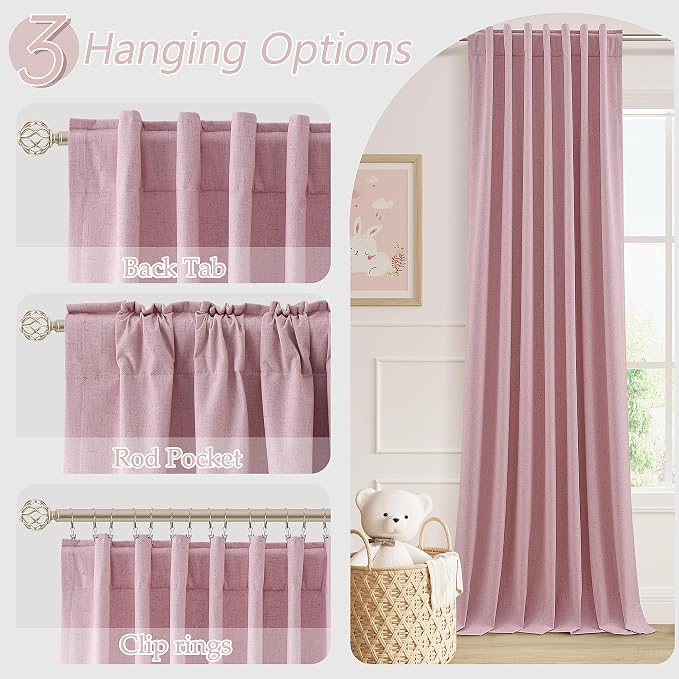 Guken 100% Blackout Curtains 120 Inch Length 2 Panels Set for Living Room Bedroom Back Tab Thermal Insulated Black Out Linen Drapes Room Darkening Rose,52x120