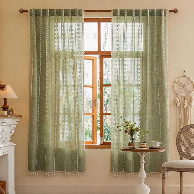 Sage Green Boho Sheer Curtains 72 inches Long 2 Panels for Bedroom, Light filtering Semi Sheer Bohemian Christmas Country Privacy Tassels Vintage Embroidery Stripes Window Curtains Back Tab, 50" W