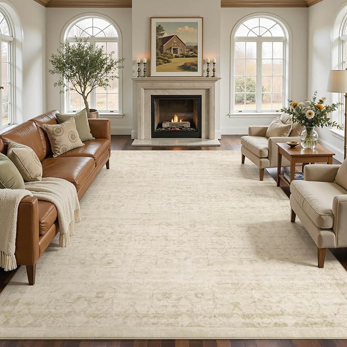 Nakagishi 10X12 Area Rugs Living Room: Washable Large Vintage Rug Neutral Non-Slip Soft Stain Resistant Indoor Carpet for Bedroom Nursery Dining Room Office Playroom - Vintage Beige