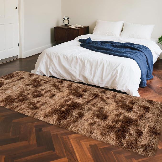 2x8 ft Plush Brown Tie Dye Rug Runner High Pile Fluffy Soft Bedside Rug Fuzzy shag Carpet for Bedroom Living Room Hallway Nursery Kids Home Decor Furry Carpet