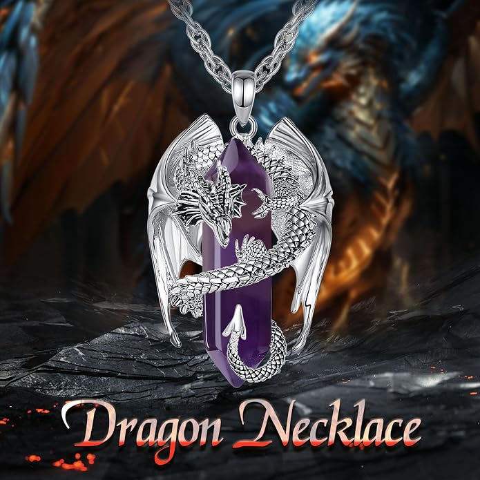 INFUSEU Unique Dragon Necklaces with Healing Crystal Stone for Men Women, Personalized Spiritual Gifts, 24 Inch Chain