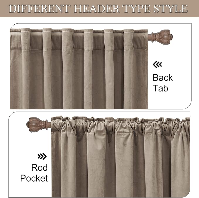 RYB HOME Taupe Velvet Curtains for Bedroom Living Room, Thermal Insulated Privacy UV Heat Blocking Luxurious Soft Rod Pocket Back Tab Drapes for Nursery, 42" W x 63" L, 2 Panels