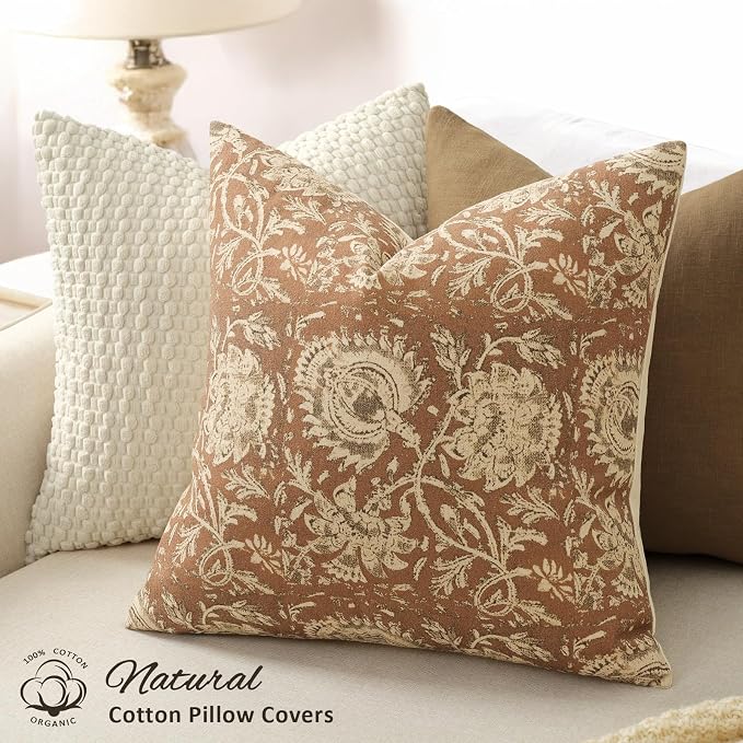 Vintage Floral Print Throw Pillow Covers 12x20 Set of 2 Neutral Modern Farmhouse Pillow Cases Accent Decorative Cushion Covers Boho Home Decor for Couch Sofa Chair Bed Living Room, Cognac