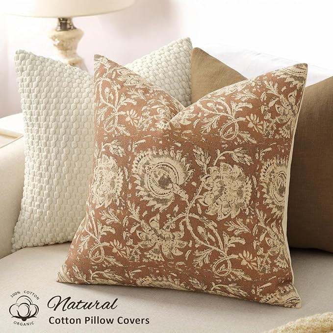 Vintage Floral Print Throw Pillow Covers 18x18 Set of 2 Neutral Modern Farmhouse Pillowcases Accent Decorative Cushion Covers Boho Home Decor for Couch Sofa Chair Bed Living Room, Cognac