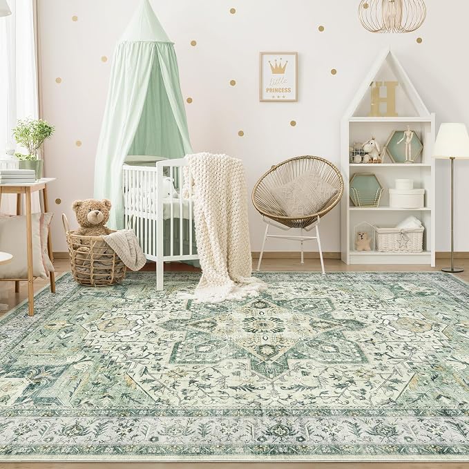 Tortania Area Rug Living Room Rugs - 7x9 Washable Boho Rug Vintage Oriental Distressed Farmhouse Large Thin Indoor Carpet for Living Room Bedroom Under Dining Table Home Office - Green