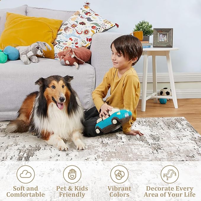 ROYHOME 10x13 Modern Abstract Faux Wool Rug for Living Room, Taupe/Beige | Low Pile Ultra Soft Stain Resistant Non Slip Non Shedding Throw Rug for Bedroom Home Decor