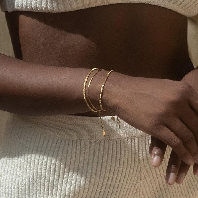 Gold Bracelets for Men Trendy - Dainty Gold Plated Stainless Steel Snake Link Bracelet Stack Rope Figaro Herringbone Chain Bracelets Set Adjustable Cuban Link Bracelet for Men Birthday Gifts for Man