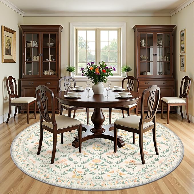 Round Area Rug for Living Room: 8 ft Floral Washable Circle Rug Soft Boho Non-Slip Carpet Indoor Floor Stain Resistant Low Pile Small Circular Rug for Bedroom Entryway Kitchen Nursery Beige/Multi