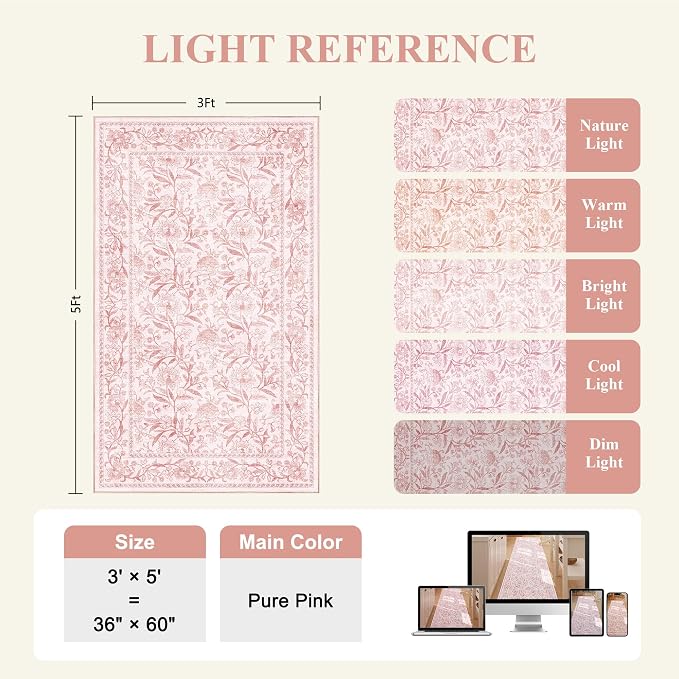 DUKINO 3x5 Rug Washable Vintage Floral Bedroom Area Rug Non Slip Light Pink | Low Pile, Non-Shedding, Stain Resistant Boho Lightweight Soft Indoor Carpet for Bathroom Office Dining Living Room Farmhouse