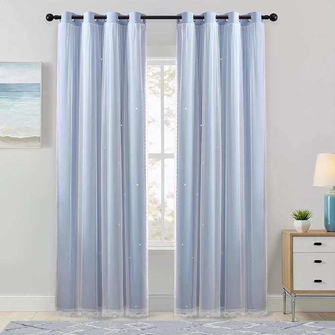 XiDi Sky Blue Blackout Curtains for Girls Bedroom Living Room 72 Inches Long 2 Panels Star Curtains Boys Kids Room Darkening Thermal Insulated Drapes Grommet Noise Reduction Window Treatments 52x72