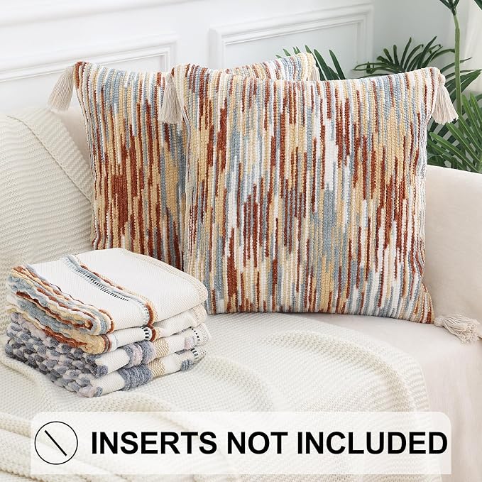 Simmore Fall Boho Decorative Rust Throw Pillow Covers 18X18 Set of 2 | Tufted Accent Modern Farmhouse Neutral Pillow Covers with Tassels for Cozy Bohemian Couch Sofa Bedroom Home Decor