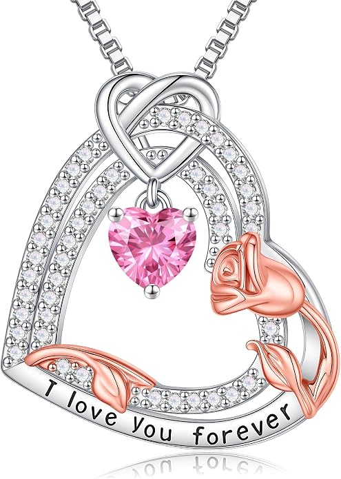 Gifts for Mom 925 Sterling Silver Birthstone Necklace for Women, Heart & Rose Design Birthday Gifts for Mom Wife Her