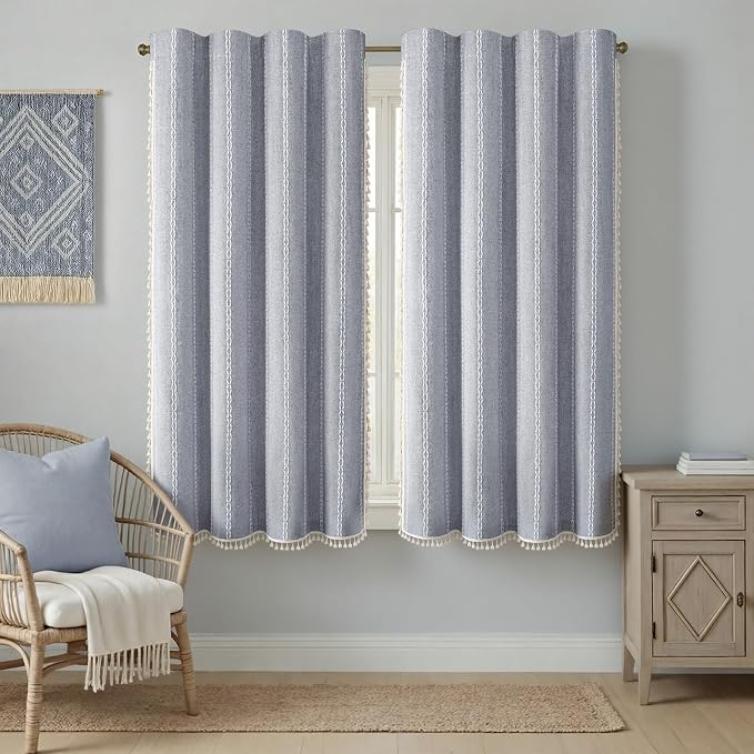 Blue Boho Blackout Curtains 2 Panels 63 Inch for Living Room Bedroom, Linen Texture Farmhouse Curtains with Tassels and White Cotton Embroidery Vintage Rustic Country Western