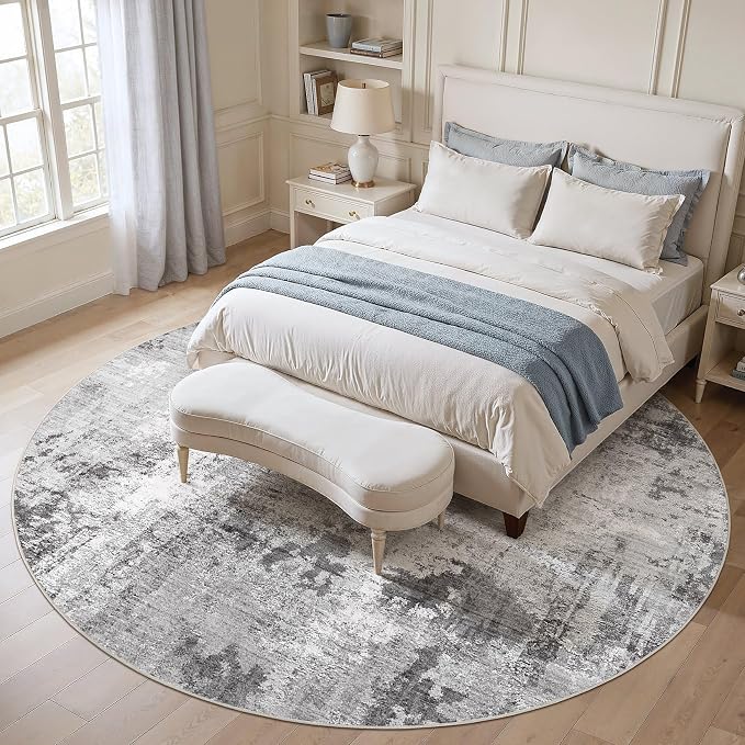 Abstract 10FT Round Rug: Machine Washable Non Slip Ultra Thin Low-Pile Carpet, Soft Stain Resistant for Living Dining Room Bedroom, Kid Pet Friendly, Robot Vacuum Compatible - Grey