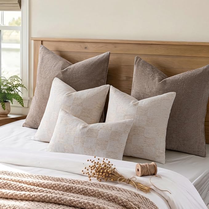 a moment Set of 2 Decorative Linen Throw Pillow Covers,Large Grid Textured Neutral Boho Farmhouse Cushion Covers,Soft Aesthetic Pillowcases for Couch Sofa Living Room Home Decor,16x16 Inch,Beige