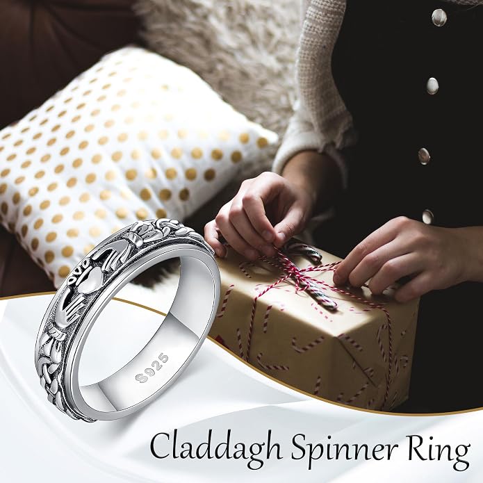 Fidget Spinner Rings 925 Sterling Silver Claddagh Celtic Knot/Moon Star Anxiety Ring Irish Claddagh Jewelry Gifts for Women Girls Men