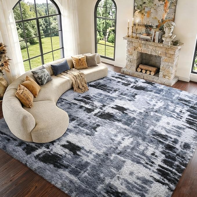 Extra Large 8x10 Area Rugs for Living Room Decor, Non-Slip Shaggy Tie-Dyed Rugs for Bedroom Kids Playroom Dorm Room, High Pile Ultra Soft Carpet, Blue
