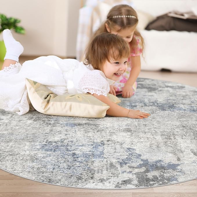 DMOYEST 5ft Round Area Rug for Living Room - 5x5 Washable & Non Slip Circle Rug, Kid & Pet Friendly Soft Low Pile Abstract Carpet for Bedroom and Dining Room - Grey Blue