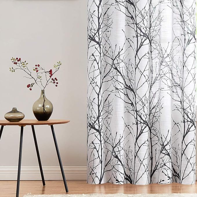 FMFUNCTEX Linen Black White Semi Sheer Print Curtains 45 Inch Long 2 Panels | Short Sheer Branch Patterned Drapes, Light Filtering Grommet Panels for Kitchen, Bathroom, Cafe Windows and Farmhouse Curtain