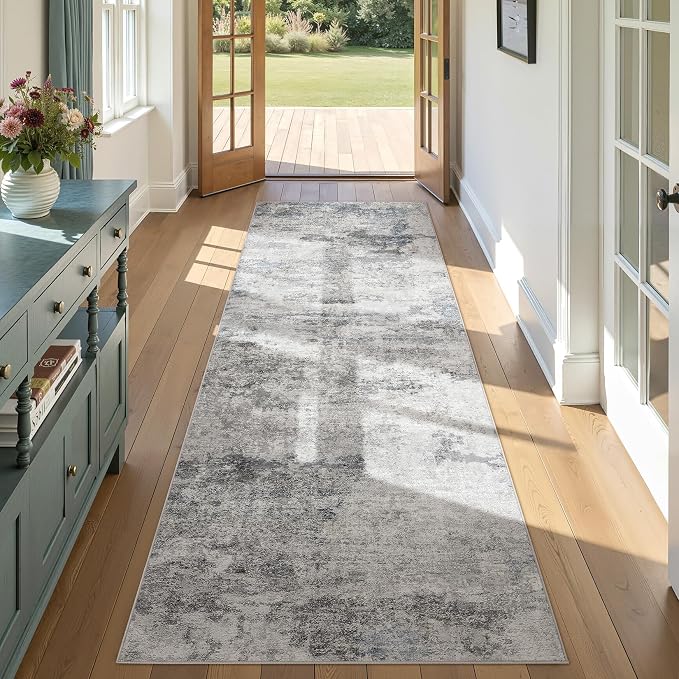 DMOYEST 3x8 Washable Runner Rug, Non Slip Low Pile Carpet Runner for Hallway and Entryway, Kid & Pet Friendly Abstract Modern Area Rug for Kitchen and Dining Room - Grey Blue