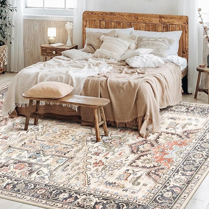 8x10 Area Rugs for Living Room - Large Carpet Ultra Thin Soft Washable Oriental Vintage Floral Distressed Big Indoor Carpets for Bedroom Nursery Dorm Home Decor Aesthetic - Multi