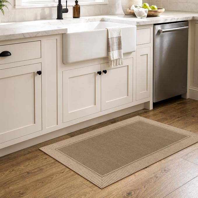 Moynesa Easy Jute Front Door 2x3 Rug, Brown Striped Border Kitchen Mat Non Slip Washable Entryway Throw Rugs, Indoor Outdoor Farmhouse Neutral Doormat Carpets for Bathroom Doorway Porch Foyer