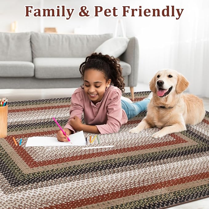 RUGSREAL Large Living Room Area Rug 10x13 Braided Washable Rug Non Slip Bedroom Carpet Stain Resistant Dining Room Throw Braid Printed Rug Farmhouse Accent Carpet for Home Decor Office, Crimson/Earthy