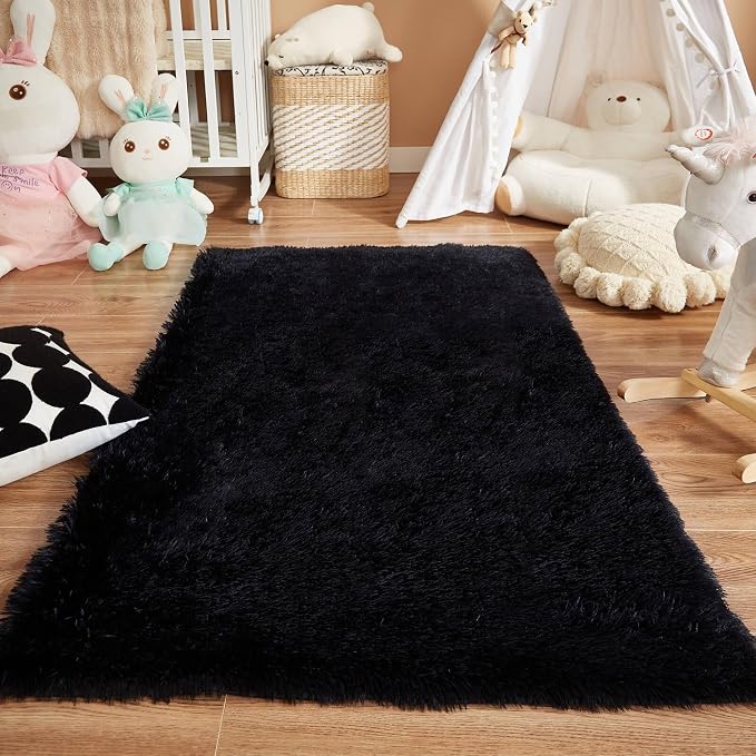 Floralux 4x6 Shag Fluffy Rug for Bedroom, Black, Area Rugs for Bedroom Living Room, Non-Slip Indoor Floor Plush Carpet for Nursery, Kids Baby Boys Teen Dorm Home Decor Aesthetic
