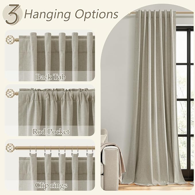 Guken 100% Blackout Linen Curtains for Bedroom 84 inches Long, Thermal Insulated Room Darkening Black Out Drapes for Living Room, Back Tab Rod Pocket 2 Panels Set,Ecru,52x84