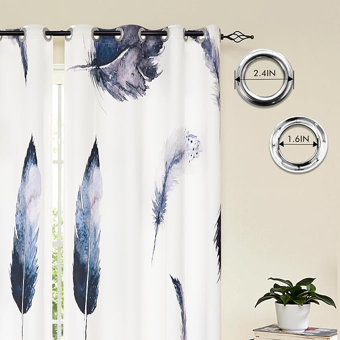 SUBRTEX Boho Leaf Printed Curtains 95 inch Long 2 Panels, Room Darkening Vibrant Floral Drapes, 50% Blackout Light Flitering Semi Sheer Farmhouse Curtains for Living Room, 52Wx95L, Dusty Blue Feather