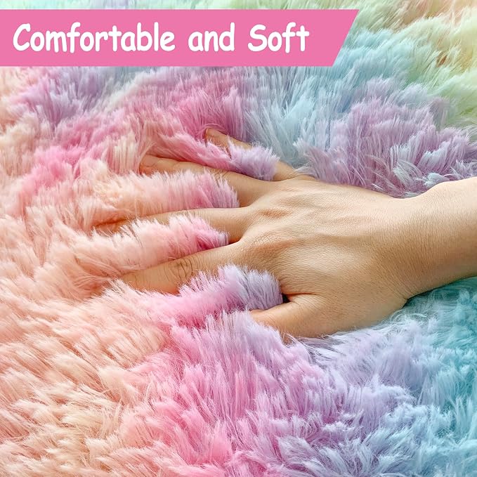 4x6 Soft Fluffy Unicorn Rainbow Rug for Girls Bedroom Kids Colorful Plush Area Rugs Cute Floor Carpets Shaggy Playing Mat for Kids Baby Girls Room Nursery Home Decor