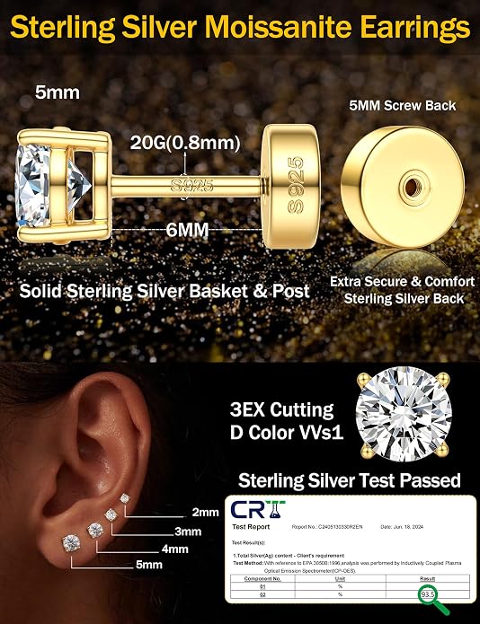 Moissanite Earrings for Men Women：Hypoallergenic Flat Back Earrings 925 Sterling Silver Stud Earring Small D Color VVS1 Moissanite 14K White Gold Plated Helix Cartilage Earring Studs Gift Jewelry