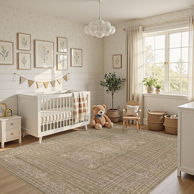 Nakagishi 6x8 Area Rugs Living Room: Washable Large Vintage Rug Neutral Non-Slip Soft Stain Resistant Indoor Carpet for Bedroom Nursery Dining Room Office Playroom - Dark Brown