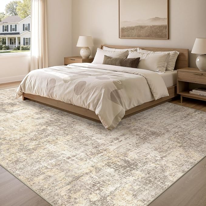 cotiled Washable Area Rug 9x12, Non-Slip Soft Neutral Rug for Living Room | Modern Abstract Carpet, Stain Resistant and Kid & Pet Friendly, Ideal For Bedroom, Dining Room, Nursery, Home Office - Beige