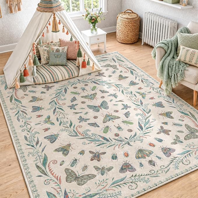 5x8 Beige and Green Nursery Rug - Colorful Rug for Playroom, Bedroom, Living Room, Insect Butterfly Floral Non-Slip Soft Carpet